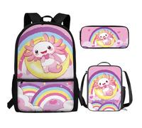 UOIMAG Niedlicher Kinder-Rucksack, Schultasche und Lunchbox-Set, 3-teilig, mit Federmäppchen für Jungen, Axolotl Rainbow, Einheitsgröße, Schulranzen-Set