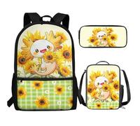 UOIMAG Niedlicher Kinder-Rucksack, Schultasche und Lunchbox-Set, 3-teilig, mit Federmäppchen für Jungen, Axolotl Sonnenblume, Einheitsgröße, Schulranzen-Set