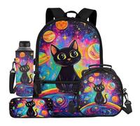 UOIMAG Rucksack für Kinder, Schultasche und Lunchbox-Set mit Wasserflaschenhalter, Federmäppchen, 4-teilig, Black Cat Planets Tie Dye, Einheitsgröße, Schulranzen-Set