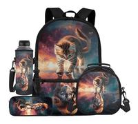 UOIMAG Rucksack für Kinder, Schultasche und Lunchbox-Set mit Wasserflaschenhalter, Federmäppchen, 4-teilig, Katze Löwe Galaxie, Einheitsgröße, Schulranzen-Set