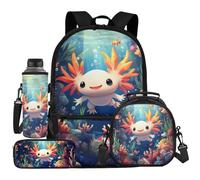 UOIMAG Rucksack für Kinder, Schultasche und Lunchbox-Set mit Wasserflaschenhalter, Federmäppchen, 4-teilig, Axolotl Fish, Einheitsgröße, Schulranzen-Set