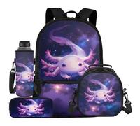 UOIMAG Rucksack-Lunchbox-Set, Kinder, Schultasche und Lunchtasche, niedliches Federmäppchen, Wasserflaschenhalter, 4-teilig, Axolotl Galaxy, Einheitsgröße, Schulranzen-Set