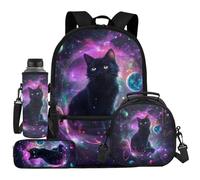 UOIMAG Rucksack-Lunchbox-Set, Kinder, Schultasche und Lunchtasche, niedliches Federmäppchen, Wasserflaschenhalter, 4-teilig, Black Cat Galaxy, Einheitsgröße, Schulranzen-Set