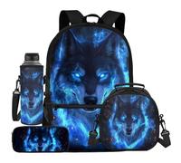 UOIMAG Rucksack-Lunchbox-Set, Kinder, Schultasche und Lunchtasche, niedliches Federmäppchen, Wasserflaschenhalter, 4-teilig, Wolf Blue Fire, Einheitsgröße, Schulranzen-Set