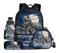 UOIMAG Rucksack-Lunchbox-Set, Kinder, Schultasche und Lunchtasche, niedliches Federmäppchen, Wasserflaschenhalter, 4-teilig, Dinosaurier-Mond, Einheitsgröße, Schulranzen-Set