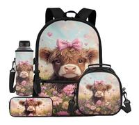 UOIMAG Rucksack Schultasche und Brotdose, Wasserflaschenhalter mit Gurt und Federmäppchen, 4-teiliges Set, Highland Cow Flowers, Einheitsgröße, Schulranzen-Set