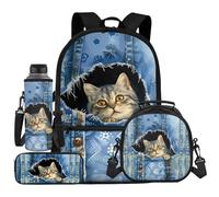 UOIMAG Rucksack Schultasche und Brotdose, Wasserflaschenhalter mit Gurt und Federmäppchen, 4-teiliges Set, Katzen-Denim-Druck, Einheitsgröße, Schulranzen-Set
