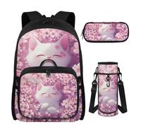 UOIMAG Rucksack Set für Mädchen 8-10 Jahre alt mit Lunchbox Federmäppchen Wasserflasche Halter 4 Stück Grundschultaschen, Katzen-Kirschblüte, M, Casual