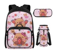 UOIMAG Rucksack Set für Mädchen 8-10 Jahre alt mit Lunchbox Federmäppchen Wasserflasche Halter 4 Stück Grundschultaschen, Capybara Strawberry, M, Casual