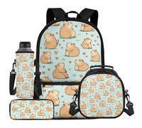 UOIMAG Rucksack und Lunchtasche, Schulranzen-Set für Kinder, 4-teilig, mit Wasserflaschenhalter, Federmäppchen, Capybara Hearts, Einheitsgröße, Schulranzen-Set