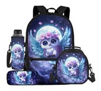 UOIMAG Rucksack und Lunchtasche, Schulranzen-Set für Kinder, 4-teilig, mit Wasserflaschenhalter, Federmäppchen, Eule Mond, Einheitsgröße, Schulranzen-Set