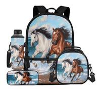 UOIMAG Rucksack und Lunchtaschen-Set für Kinder, Schulranzen-Set mit Wasserflaschenhalter, Federmäppchen, 4-teilig, Horse Beach, Einheitsgröße, Schulranzen-Set