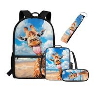 UOIMAG Schulranzen-Set für Kinder, Rucksack und Lunchtasche, 4-teilig, leichter Rucksack mit Federmäppchen, Schlüsselanhänger, Giraffe Beach, Einheitsgröße, Schulranzen-Set