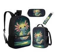 UOIMAG Schulranzen-Set für Kinder, Rucksack und Lunchtasche, mit Federmäppchen, Schlüsselanhänger, 4-teiliges Rucksack-Set, Axolotl Green Lights, Einheitsgröße, Schulranzen-Set