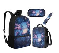 UOIMAG Schulranzen-Set für Kinder, Rucksack und Lunchtasche, mit Federmäppchen, Schlüsselanhänger, 4-teiliges Rucksack-Set, Axolotl Galaxy, Einheitsgröße, Schulranzen-Set