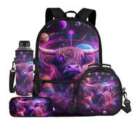 UOIMAG Schulranzen-Set für Kinder, Rucksack und Lunchtasche, Set mit Wasserflaschenhalter, Federmäppchen, 4-teilig, Highland Cow Galaxy, Einheitsgröße, Schulranzen-Set