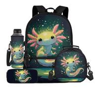 UOIMAG Schulranzen-Set für Kinder, Rucksack und Lunchtasche, Set mit Wasserflaschenhalter, Federmäppchen, 4-teilig, Axolotl Green Lights, Einheitsgröße, Schulranzen-Set