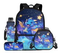 UOIMAG Schulranzen-Set für Kinder, Rucksack und Lunchtasche, Set mit Wasserflaschenhalter, Federmäppchen, 4-teilig, Dragon Stars, Einheitsgröße, Schulranzen-Set