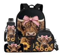 UOIMAG Schulranzen-Set für Kinder, Rucksack und Lunchtasche, Set mit Wasserflaschenhalter, Federmäppchen, 4-teilig, Highland Cow Bowknot Sonnenblume, Einheitsgröße, Schulranzen-Set