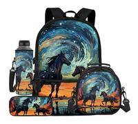 UOIMAG Schulranzen-Set für Kinder, Rucksack und Lunchtasche, Set mit Wasserflaschenhalter, Federmäppchen, 4-teilig, Pferde-Galaxie, Einheitsgröße, Schulranzen-Set
