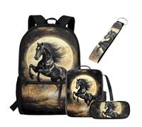 UOIMAG Schulranzen-Set mit Rucksack und Lunchtasche, mit Federmäppchen, Schlüsselanhänger, 4-teilig, Schultaschen für Kinder, Black Horse Moon, Einheitsgröße, Schulranzen-Set