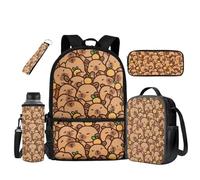 UOIMAG Schultaschen für Kinder, Rucksack, Lunchbox-Set mit Wasserflaschenhalter, Federmäppchen, Schlüsselanhänger, 5 Stück, Capybara-Muster, Einheitsgröße, Schulranzen-Set
