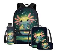 UOIMAG Schultaschen-Set für Kinder, Rucksack und Lunchtasche, 4-teilig, mit Wasserflaschenhalter und Federmäppchen, Axolotl Green Lights, Einheitsgröße, Schulranzen-Set