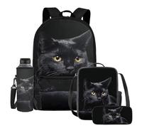 UOIMAG Schultaschen-Set für Kinder, Rucksack und Lunchtasche, 4-teilig, mit Wasserflaschenhalter und Federmäppchen, schwarze katze, Einheitsgröße, Schulranzen-Set