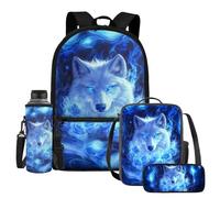 UOIMAG Schultaschen-Set für Kinder, Rucksack und Lunchtasche, 4-teilig, mit Wasserflaschenhalter und Federmäppchen, Wolf Blue Fire Rose, Einheitsgröße, Schulranzen-Set