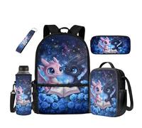 UOIMAG Schultaschen und Lunchtasche für Kinder, 5-teiliges Set mit Rucksack und Wasserflaschenhalter mit Federmäppchen, Dragon Floral Galaxy, Einheitsgröße, Schulranzen-Set