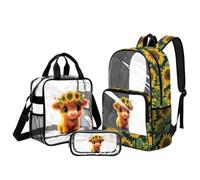UOIMAG Transparenter Rucksack für Mädchen, Schultasche und Lunchbox, Set 6-8, große Kapazität, robuste Rucksäcke, Highland Cow Sunflower, L, Casual