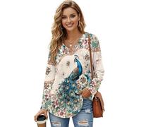 UOIMAG Vintage-Kapuzenpullover für Damen, leichte Sweatshirts, langärmelig, Tunika, Tops, V-Ausschnitt, Pullover, Boho Mandala Pfau, L