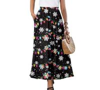 UOIMAG Weihnachtsrock für Damen, lange Röcke mit Taschen für Party, Urlaub, Silvester, Bunte Schneeflocken, XL