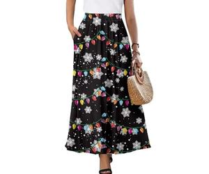 UOIMAG Weihnachtsrock für Damen, lange Röcke mit Taschen für Party, Urlaub, Silvester, Bunte Schneeflocken, XL