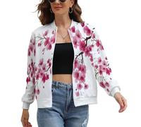 UOMSKTY Bomberjacke Damen, Kirschblüten Zweige Blouson Jacke, Casual Pilotenjacke Damen Langarm, Übergangsjacke Mit Reißverschluss, Japan Blumen Leichte Jacke Sweatjacke L