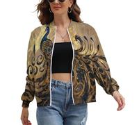 UOMSKTY Bomberjacke Damen, Pfau Blouson Jacke, Casual Pilotenjacke Damen Langarm, Übergangsjacke Mit Reißverschluss, Ölgemälde Tiere Leichte Jacke Sweatjacke XL