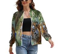 UOMSKTY Bomberjacke Damen, Tiger Vogel Wald Blouson Jacke, Casual Pilotenjacke Damen Langarm, Übergangsjacke Mit Reißverschluss, Tierwelt Leichte Jacke Sweatjacke XL
