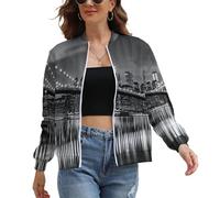 UOMSKTY Damen Casual Jacke, Skyline Von New York City Langarm Bomberjacke Reißverschluss, Gebäude Brücke Bomberjacke Damen, Pilotenjacke, Outerwear Zip Up Dunkelgrau Leichte Coat Sweatjacke L