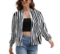 UOMSKTY Damen Casual Jacke, Weiße Streifen Langarm Bomberjacke Reißverschluss, Zebramuster Bomberjacke Damen, Pilotenjacke, Outerwear Zip Up Schwarz Leichte Coat Sweatjacke XS