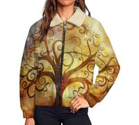 UOMSKTY Fantasie Weltraum Teddyjacke Damen Fleecejacke, Whirlpool Baum Des Lebens Warme Reißverschluss Winterjacke, Gelb Teddyfleece Teddy Jacke mit Taschen, Wintermantel Plüschjacke M