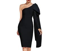 UONBOX Damen-Kleid mit einschultriger Schleife, langärmelig, figurbetont, knielang, Club-Party, Bandage-Kleid, Schwarz, X-Groß