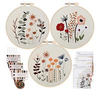 Uphome 3er-Pack Stickerei-Starter-Set für Anfänger, gestanztes Kreuzstich-Set mit niedlichen Blumen und Pflanzen-Mustern mit 1 Stickrahmen und Farbfäden für Erwachsene und Kinder