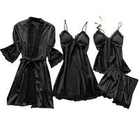 UPOI Pyjama Set Damen Satin 4 Stück Schlafanzug Cami Nachthemd Negligee Robe Kurz Pyjamahose Spitze Nachtwäsche Schlafshorts Leichte Sexy Schlafkleid Frauen Spaghettiträger Große Größen Sleepwear