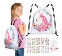 URAQT Turnbeutel mit Kordelzug - 14-teiliges Kinder-Schwimmtaschen-Set mit Einhorn-Schlüsselanhänger und Tattoo-Aufkleber, Sporttasche für Mädchen, Blumen-Einhorn, 37 * 33 cm