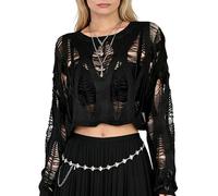 URAWESO Goth Crochet Tops für Frauen aushöhlen Fischnetz Distressed Gyaru Y2k Gothic Punk Top Schwarz Strick Zerrissen Pullover, Black01, Einheitsgröße
