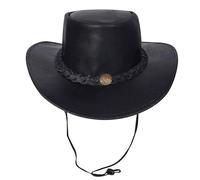 URBAN 5884 Cowboyhut aus echtem Leder, Western-Hut aus Rindsleder mit Verstellbarer Krempe und Kinnriemen - Schwarz, S