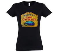 Urban Backwoods Camp Crystal Lake Vintage Sign Damen T-Shirt Schwarz Größe S