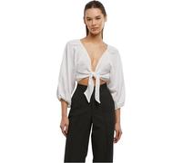 Urban Classics Damen Bluse Ladies Structured Knotted Blouse, Damenbluse mit Knoten-Verschluss und weiten Ärmeln, Tiefe V-Ausschnitt, Größen XS - XL