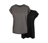 Urban Classics Damen Extended Shoulder Tee 2er Pack - Baumwoll T-Shirt mit überschnittenen Schultern, Loose Fit Basic für Alltag, Freizeit & Streetwear,Darkshadow+Black,XS