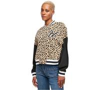 Strickfleecejacke URBAN CLASSICS "Urban Classics Damen Ladies AOP Oversized College Sweat Jacket", Damen, Gr. L, unionbeigeleo, schwarz, 65% Baumwolle, 35% Polyester, mehrfarbig, oversize, Rundhals, J